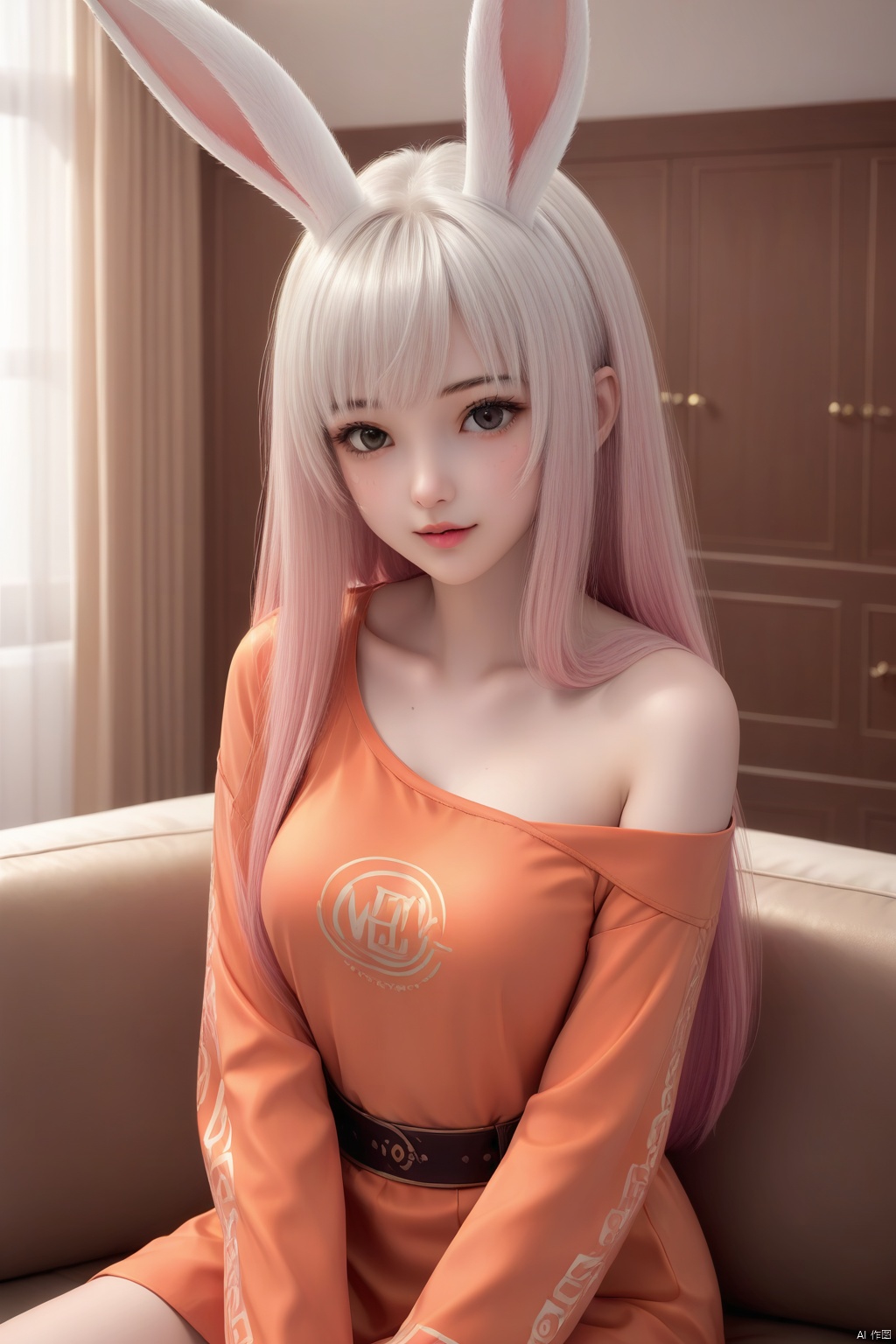 masterpiece, best quality, masterpiece,best quality,official art,extremely detailed CG unity 8k wallpaper,indoors,1girl,solo,white hair,long hair,looking at viewer,pink hair,rabbit ears,portrait,off shoulder,long sleeve,shirt,orange shirt,asymmetrical sleeves
