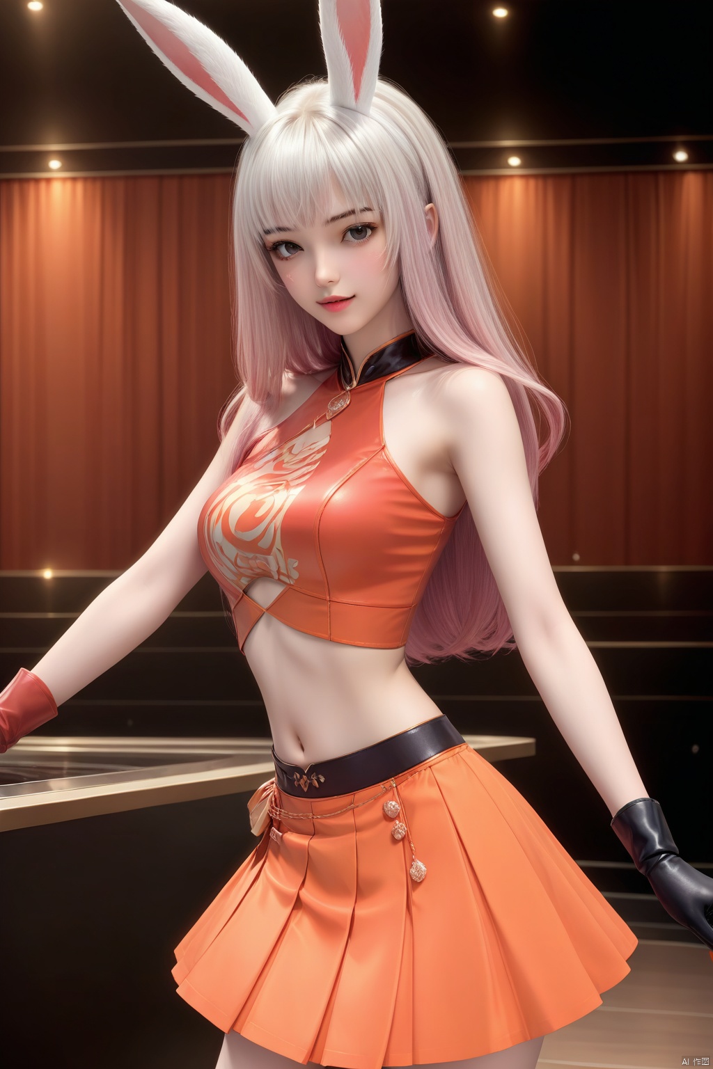 masterpiece, best quality, masterpiece,best quality,official art,extremely detailed CG unity 8k wallpaper,indoors,1girl,solo,white hair,long hair,looking at viewer,pink hair,rabbit ears,portrait,red shirt,orange skirt,bare_hip,midriff,bare shoulders,gloves,(Bare_one's_arm:1.3),