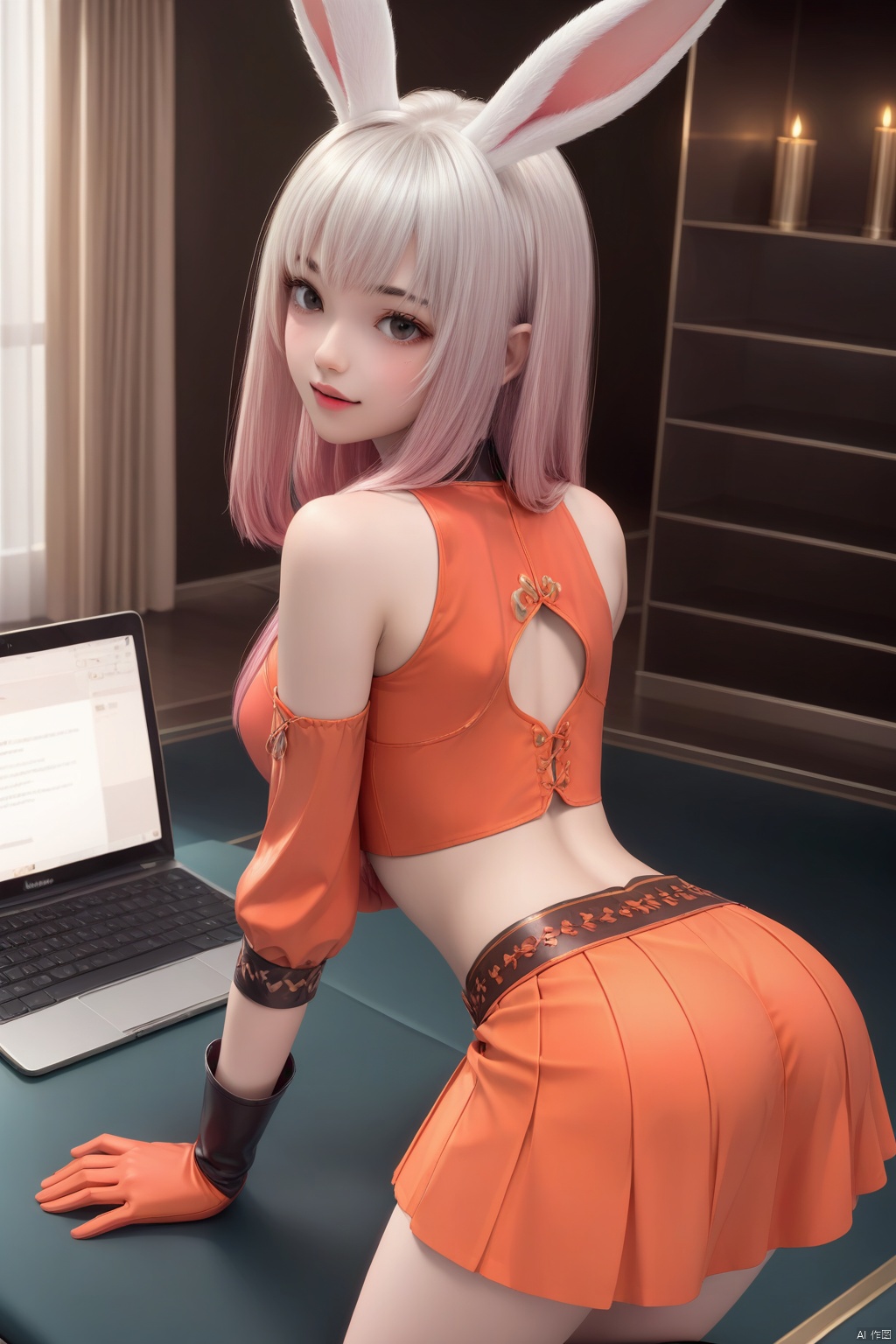 masterpiece, best quality, masterpiece,best quality,official art,extremely detailed CG unity 8k wallpaper,indoors,1girl,solo,white hair,long hair,looking at viewer,pink hair,rabbit ears,portrait,red shirt,orange skirt,bare_hip,midriff,bare shoulders,gloves,(Bare_one's_arm:1.3),One arm has sleeves,all fours,bent over,ass