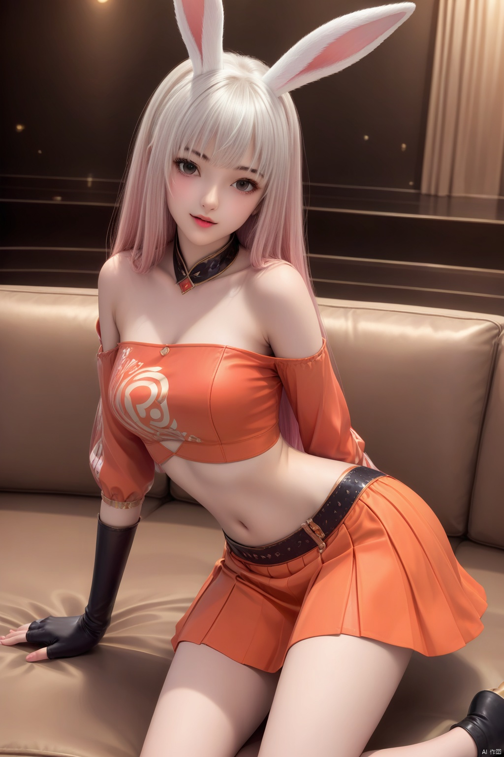 masterpiece, best quality, masterpiece,best quality,official art,extremely detailed CG unity 8k wallpaper,indoors,1girl,solo,white hair,long hair,looking at viewer,pink hair,rabbit ears,portrait,red shirt,orange skirt,bare_hip,midriff,off shoulder,gloves,(Bare_one's_arm:1.3),One arm has sleeves,all fours