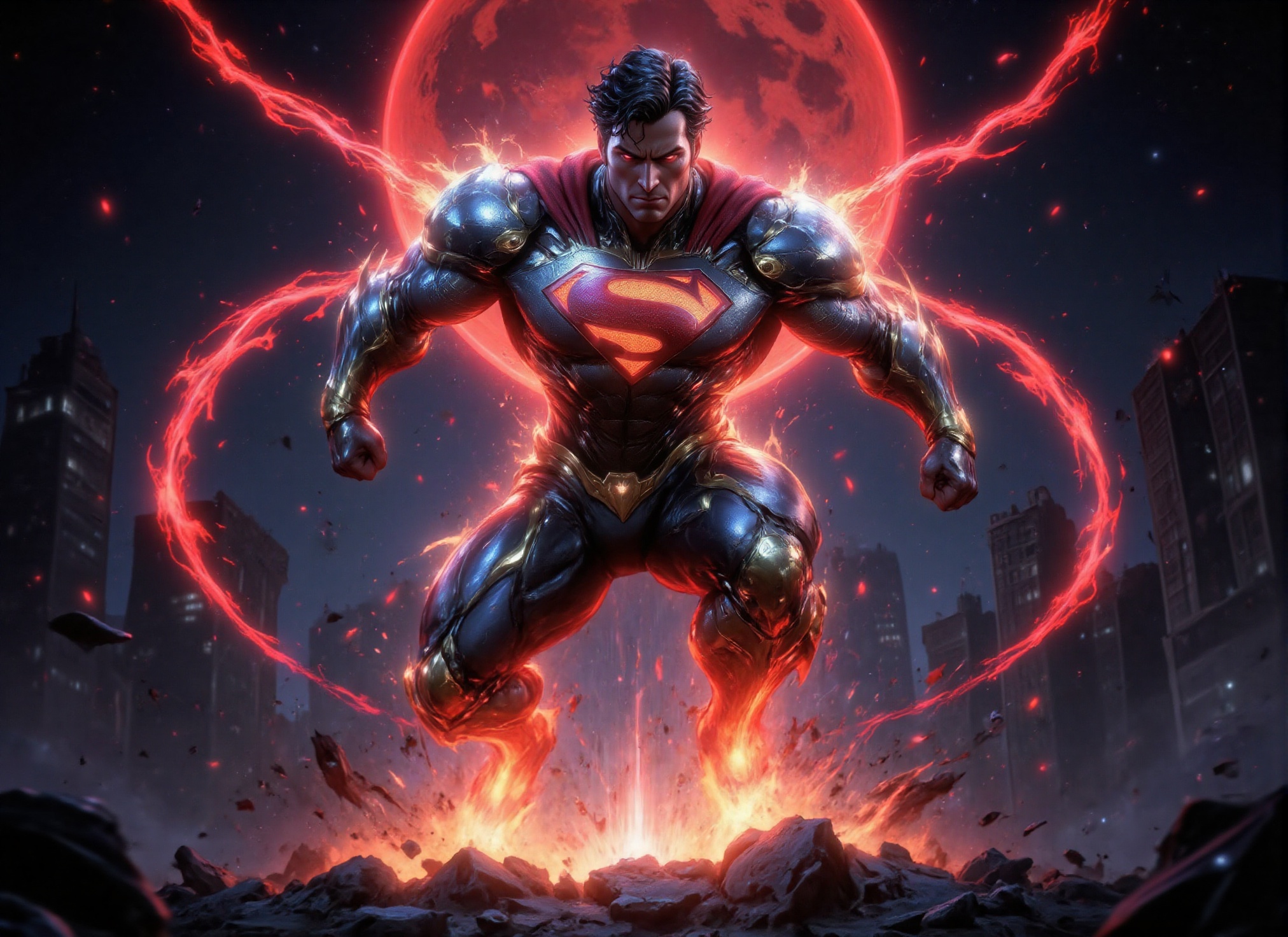 (((Photorealistic scene of gold and white clad superman delivering an extremely powerful punch into the ground while jumpi...