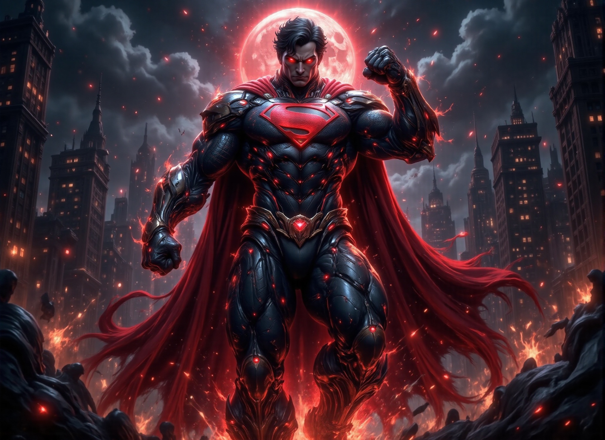 ((art where superman fights aliens on the street of new york,  raised his hand back to strike,  hand clenched into a fist...