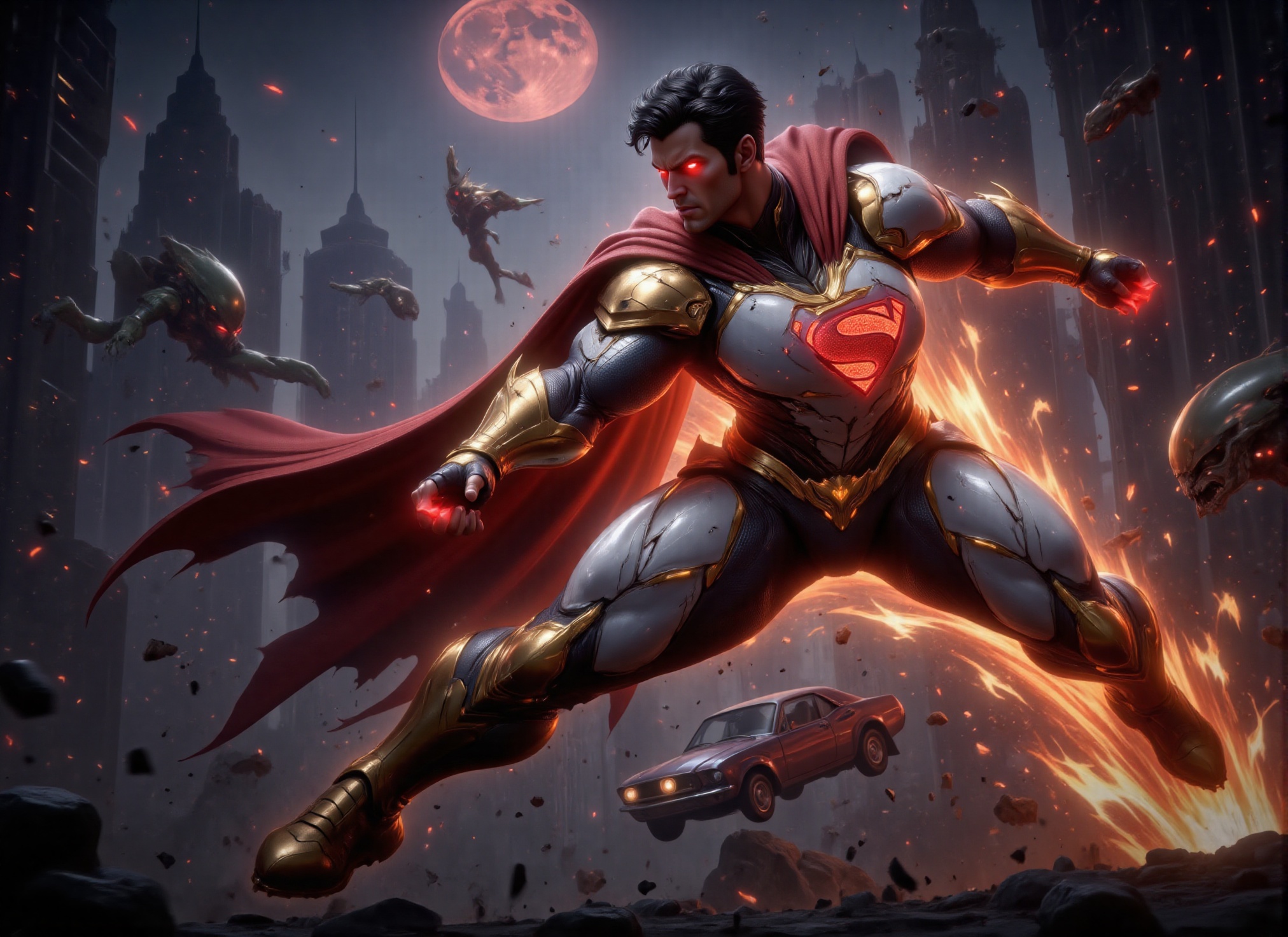 (((Photorealistic scene of gold and white clad superman delivering a super powerful forward punch to a car flying at him,...