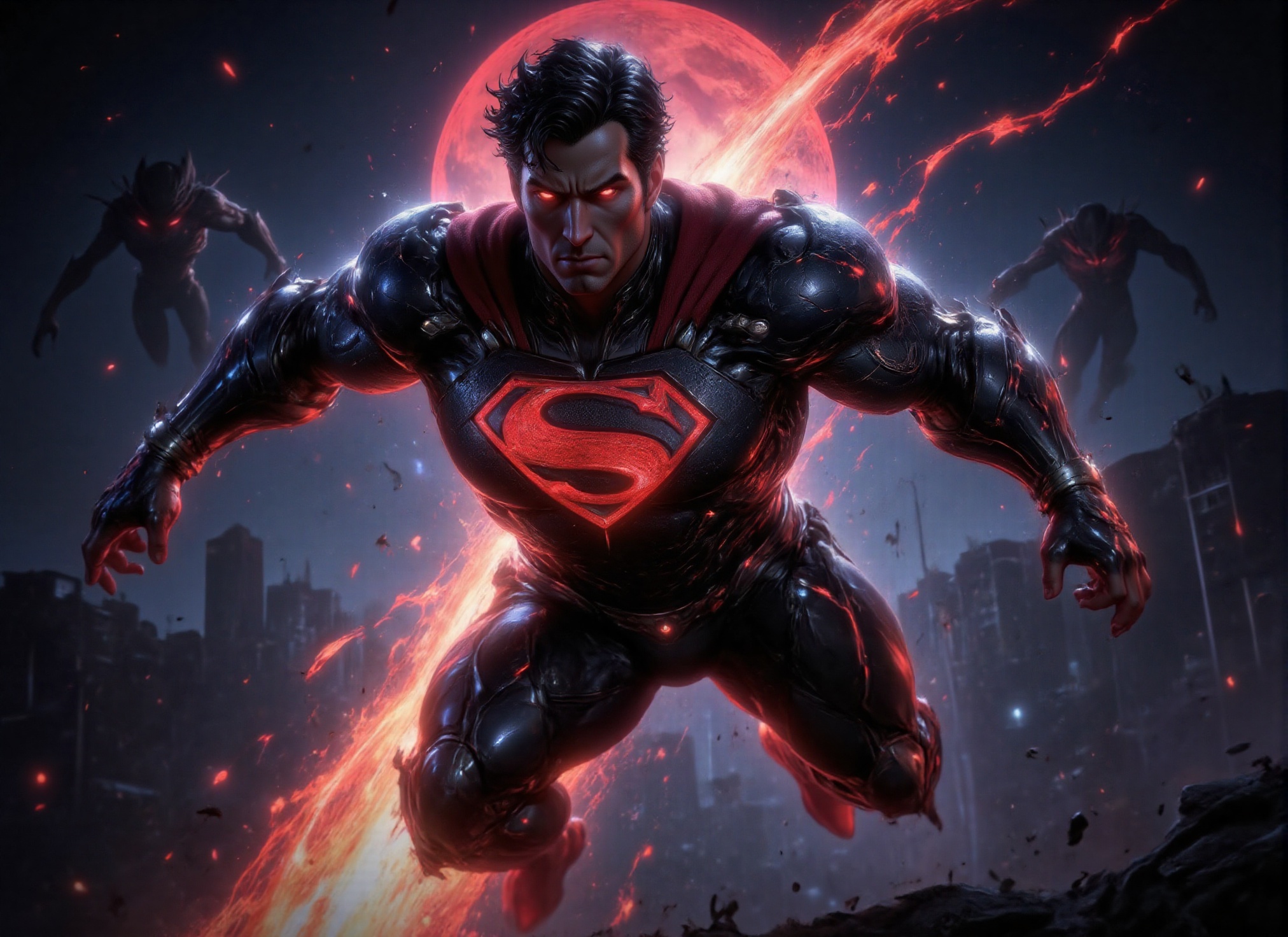 (((Photorealistic scene of black-clad superman flying through the air above the ground. Low angle,  The black and red neon...