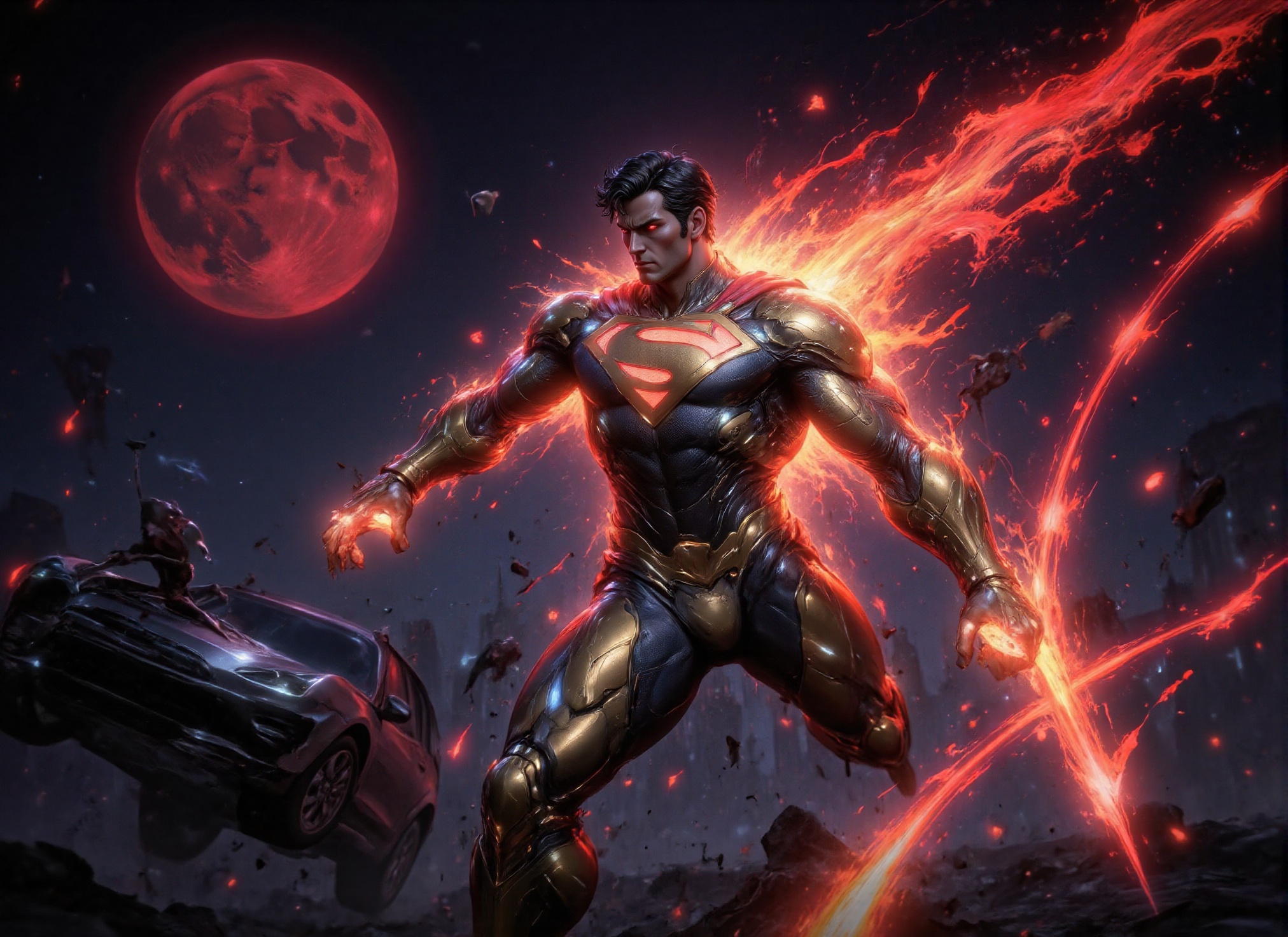 (((Photorealistic scene of gold and white clad superman delivering a super powerful forward punch to a car flying at him,...