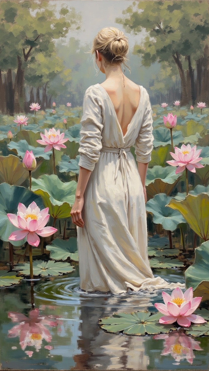 An impressionistic artheon painting depicting a serene scene in a lily-filled pond. The brushwork is thick and visible. Th...