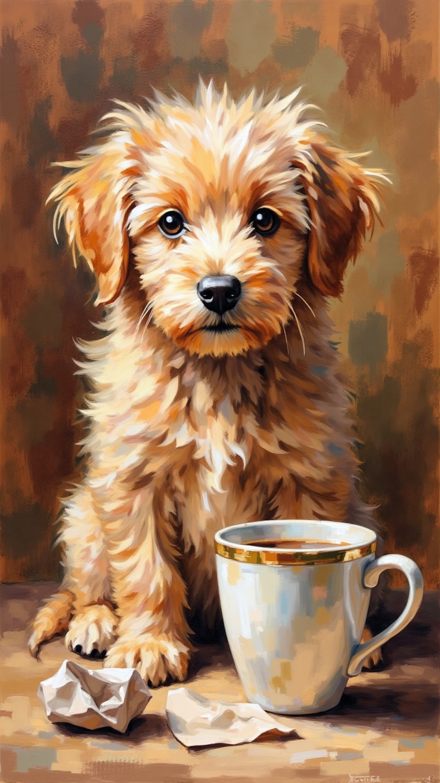 An artheon painting of a small,  fluffy puppy. The puppy has a soft,  golden-brown coat with a slightly tousled appearance...