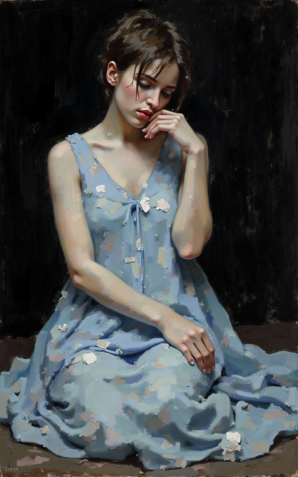 An abstract artheon style painting featuring a young woman in a contemplative pose. The artwork is characterized by a blen...