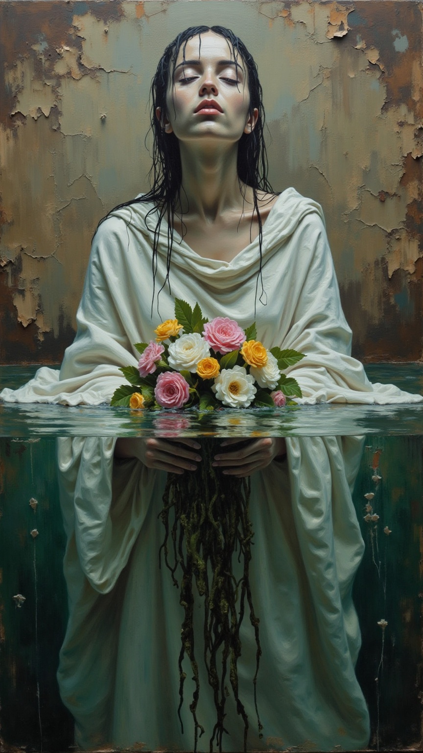 This is an artheon style painting that merges the surreal with the abstract. The scene depicts a woman dressed in a loose,...