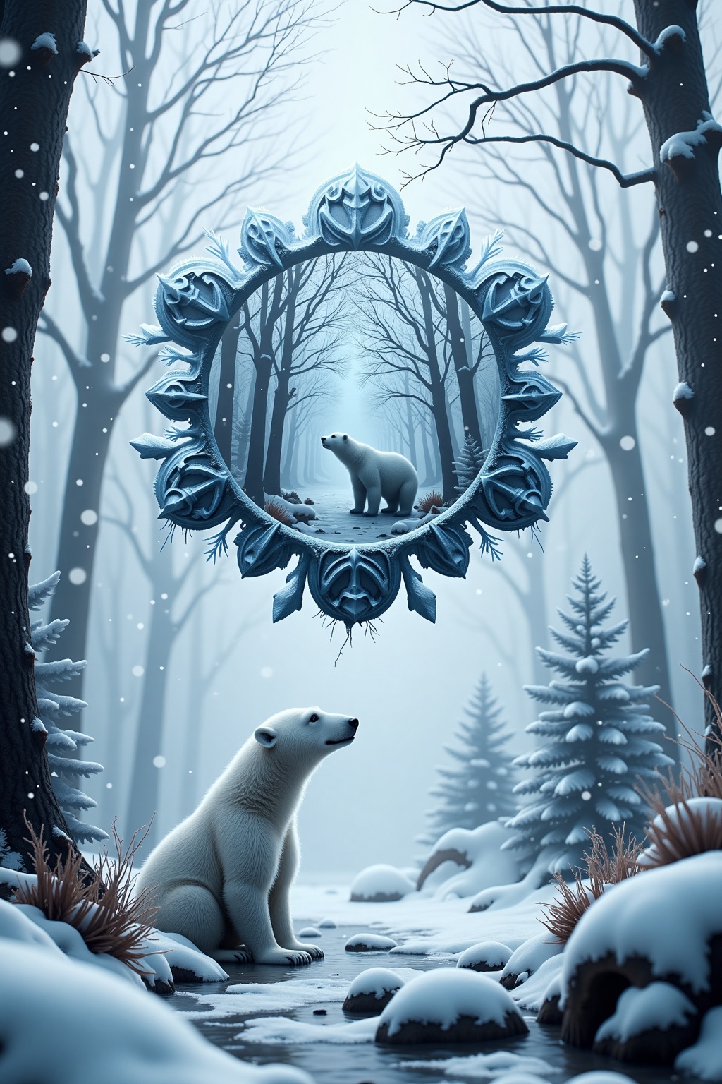 A magical winter scene where a gentle snowfall blankets the landscape,  with a large,  intricate snowflake floating in the...