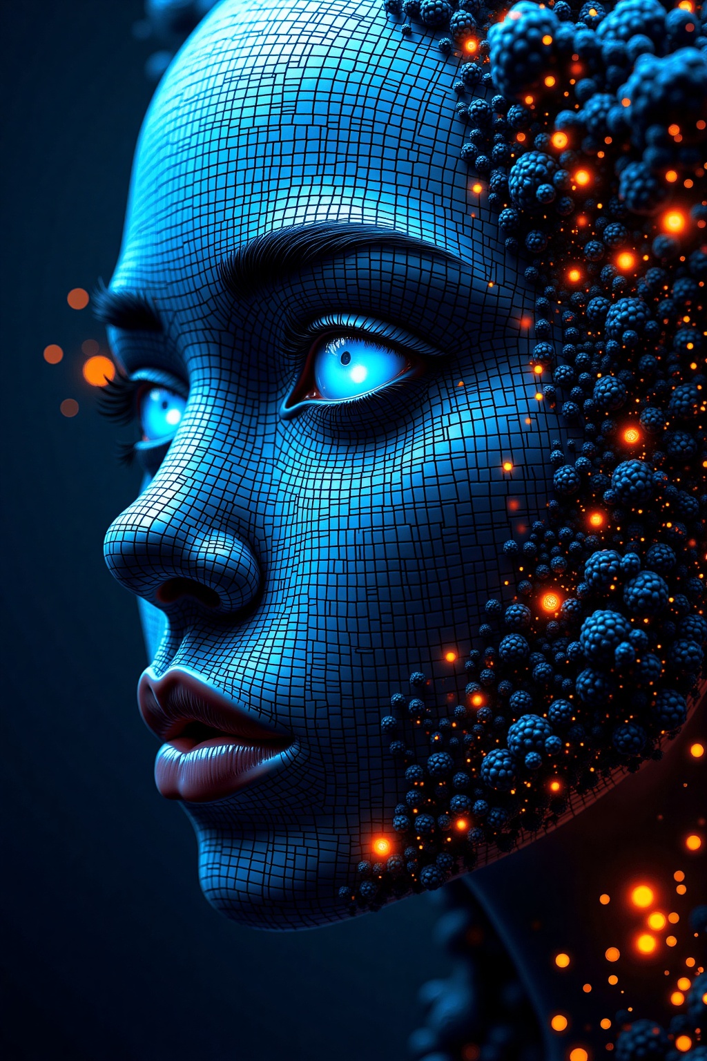bo-digitalabstract,  a digital artwork depicting a close-up of a human face,  the subject's face is rendered in a futurist...