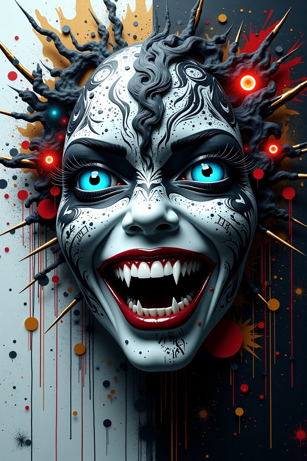partially blended with abstract digital elements. The scene has a dark,  moody ambiance. The background features layers of...