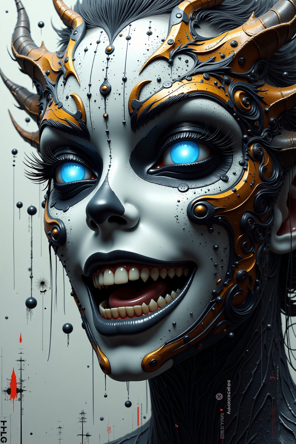 partially blended with abstract digital elements. The scene has a dark,  moody ambiance. The background features layers of...