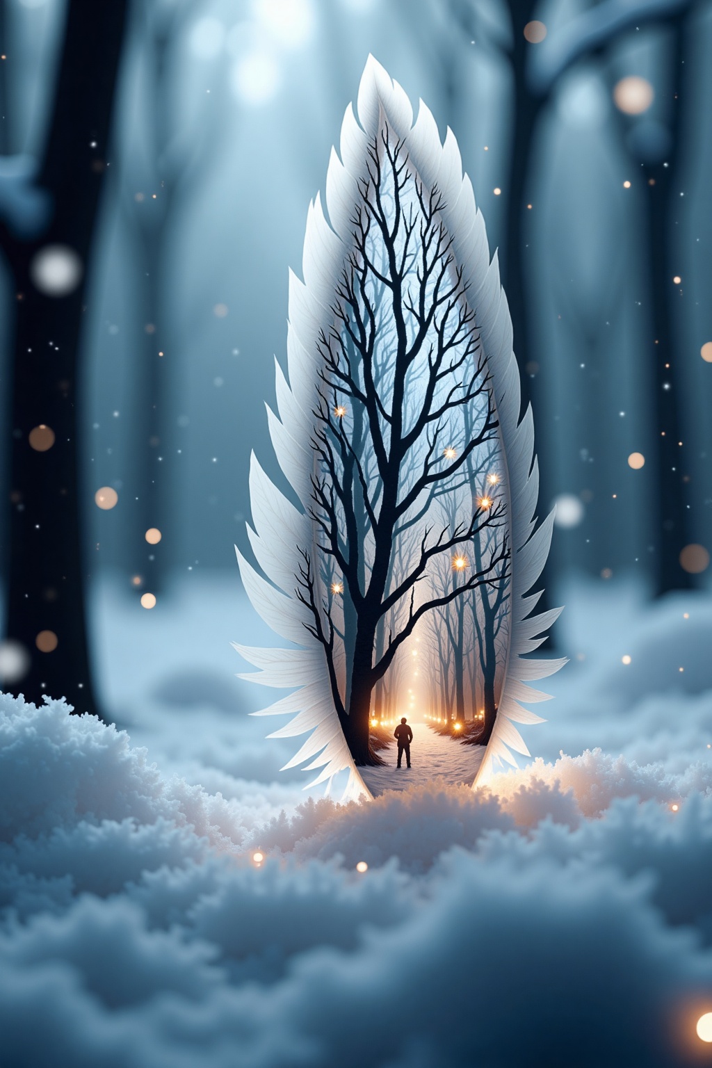 A delicate feather lying on fresh snow,  with a stunning double exposure effect that reveals a glowing,  magical forest wi...