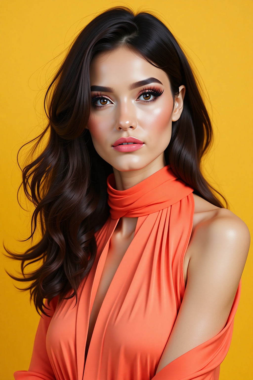a close-up shot of a woman's face,  adorned with dark brown hair,  is adorned with black eyebrows and black eyelashes. Her...