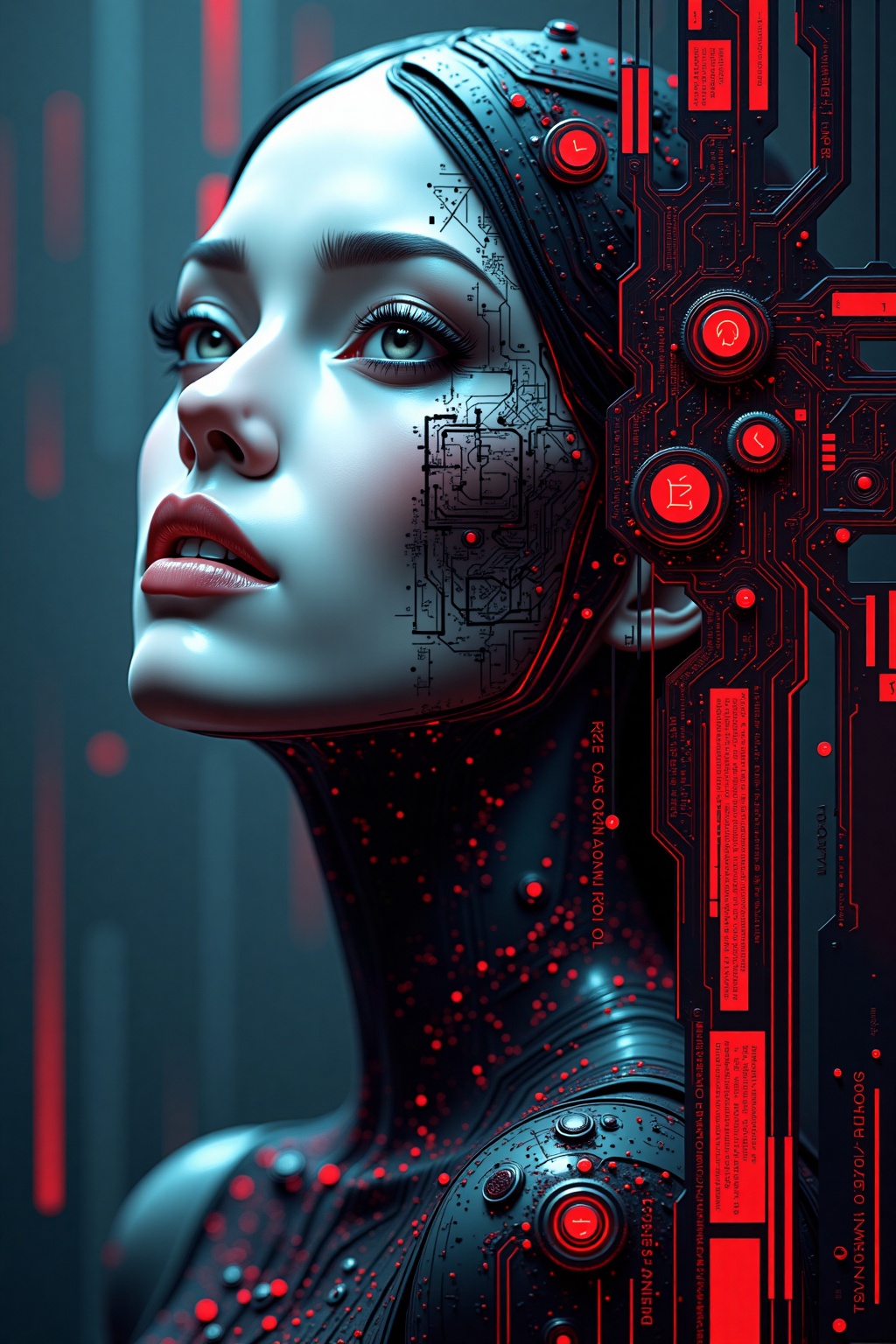 a digital artwork featuring a close-up of a human face,  the subject appears to be a young woman with pale skin and a sere...