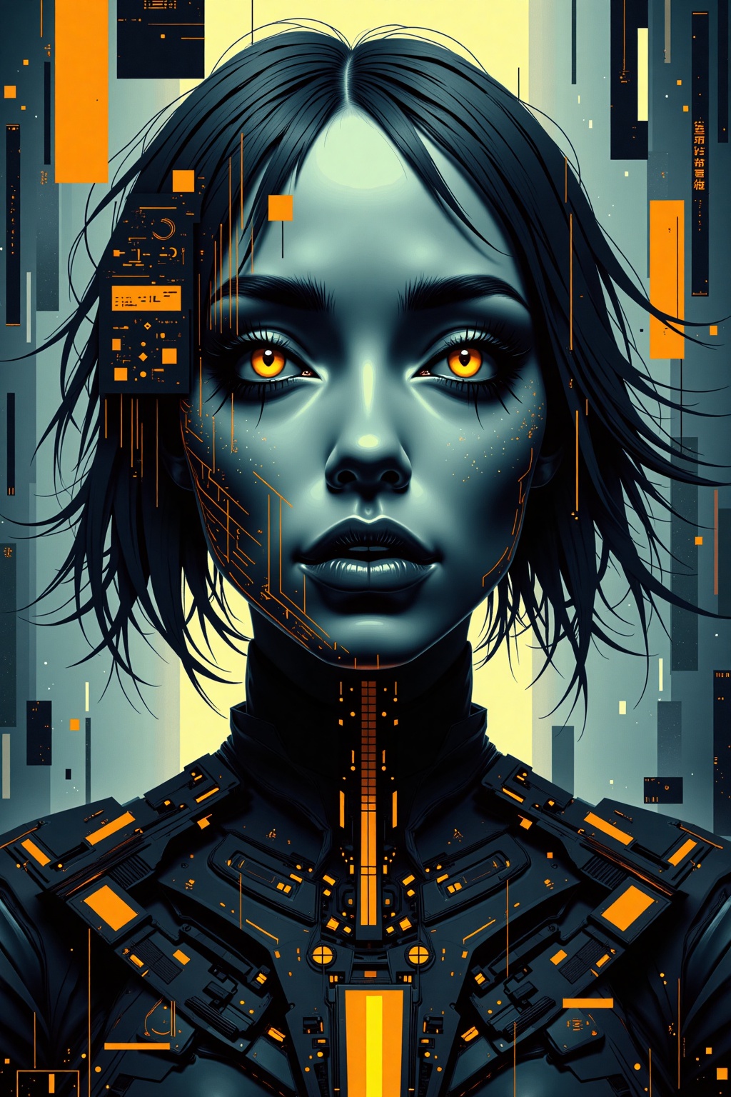 a digital artwork featuring a striking,  cyberpunk-inspired portrait of a woman's face,  the woman has a pale on Tensor.Art