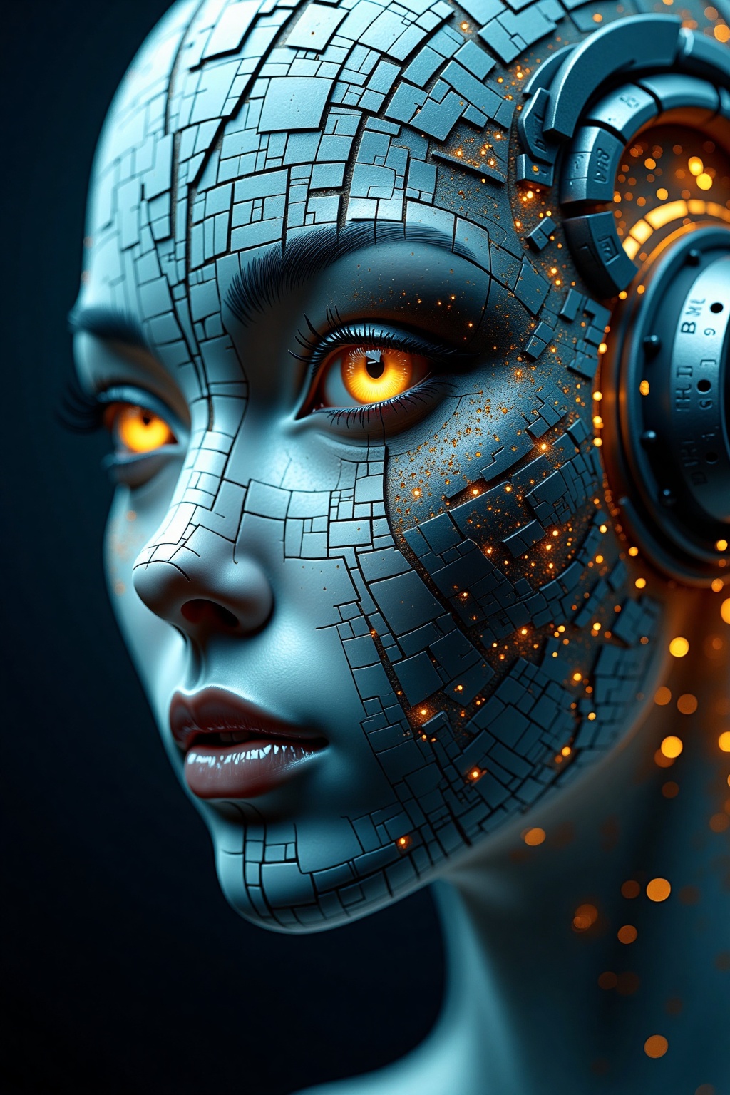 a highly detailed,  digital artwork depicting a human face made up of intricate,  metallic textures on Tensor.Art