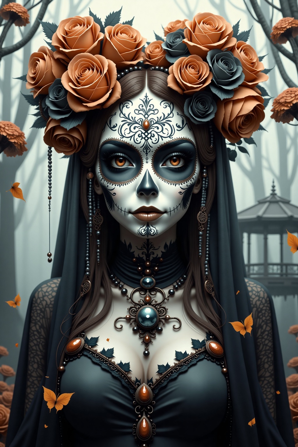 bo-digitalabstract,  a highly detailed digital artwork depicting a woman with a striking,  Day of the Dead-inspired aesthe...