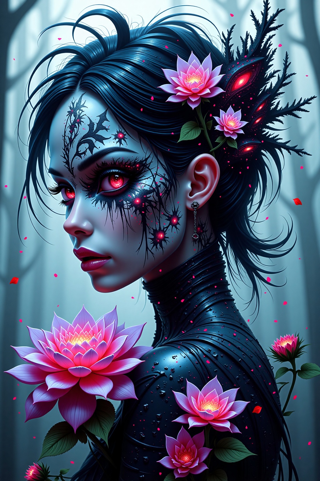 partially blended with abstract digital elements. The scene has a dark,  moody ambiance. The background features layers of...