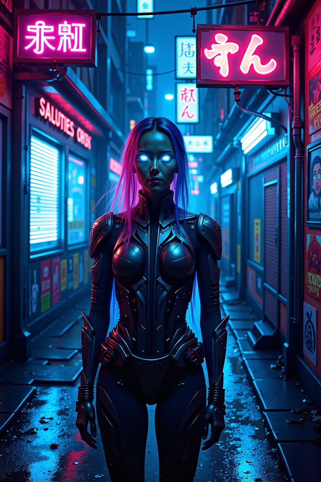 A woman with neon blue and pink hair stands in a dark,  rain-soaked alley. The walls are covered in holographic advertisem...