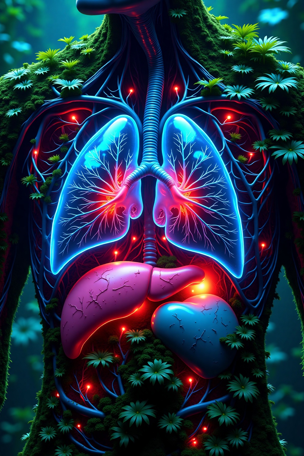 Ultra High Resolution photo of a human liver with veins that glow neon,  surrounded by plant roots,  naturepunk on Tensor.Art