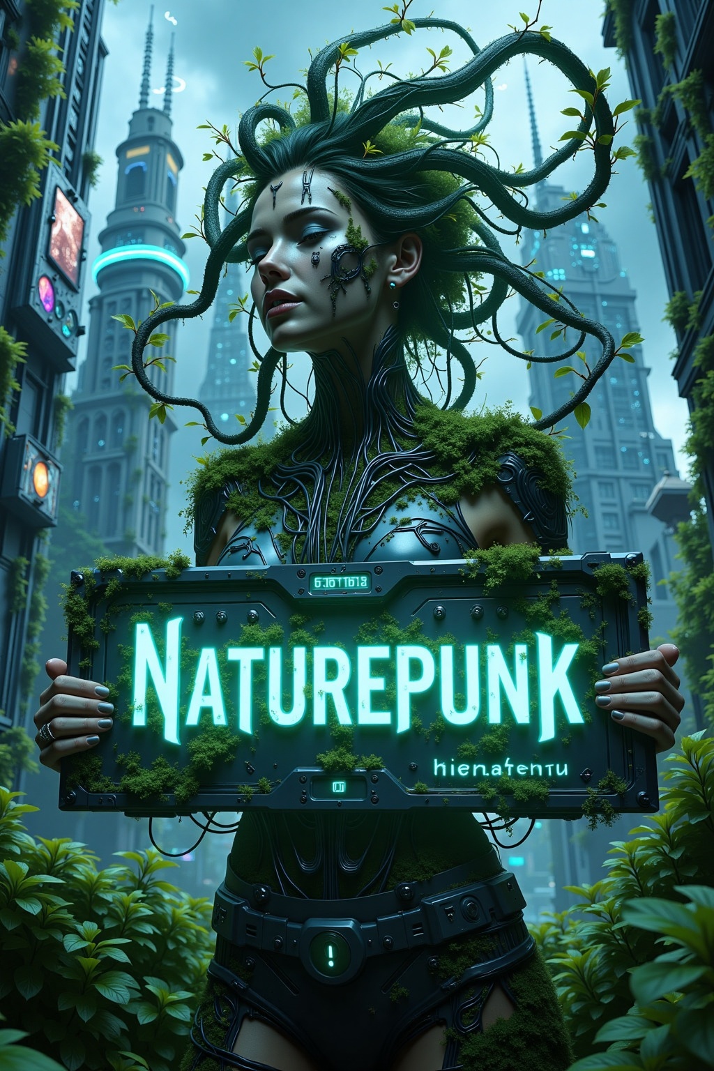 h0rr0r_art,  A detailed digital artwork titled"Naturepunk,  " featuring a woman in an intricate plant-cyberpunk style. Her...