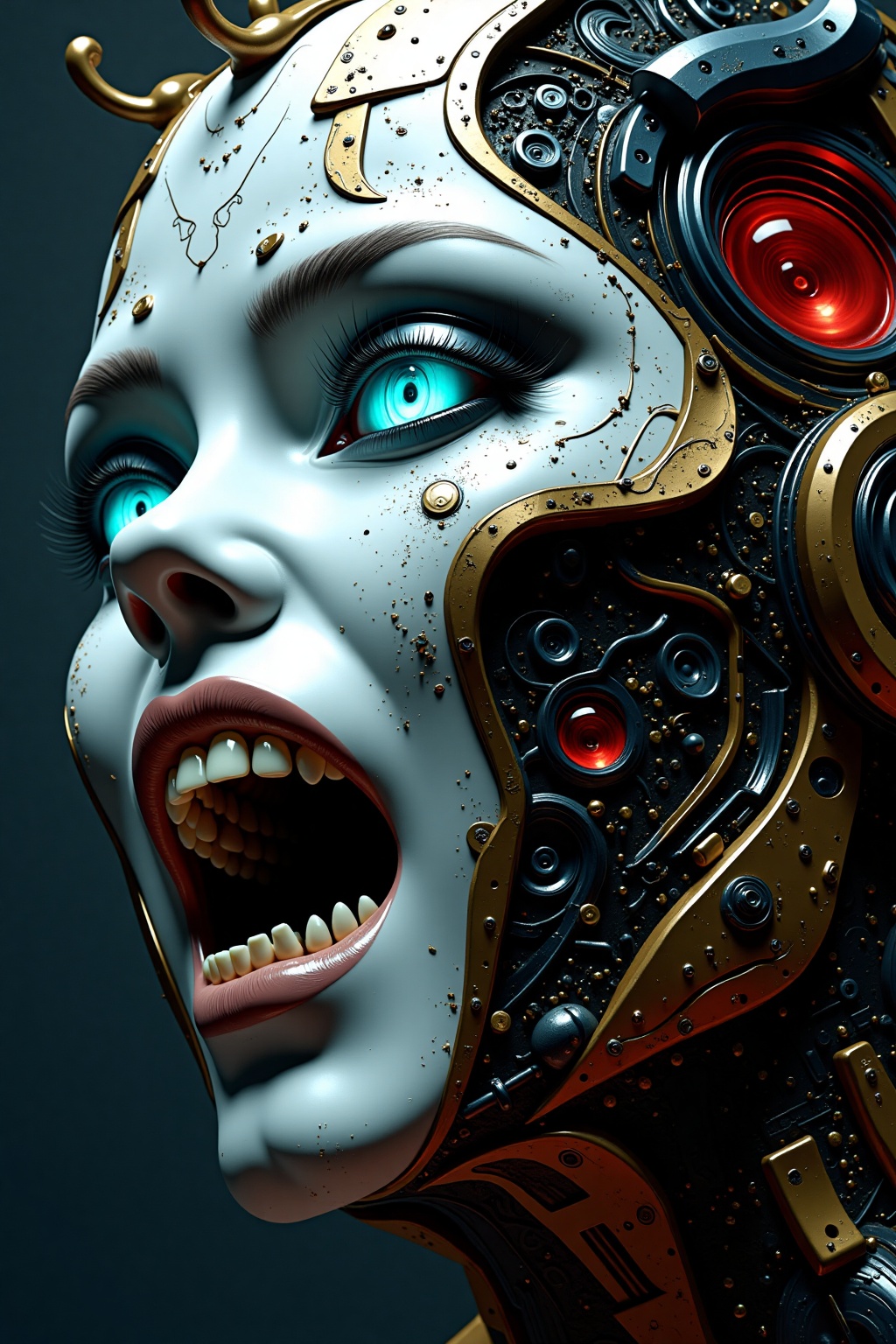 partially blended with abstract digital elements. The scene has a dark,  moody ambiance. The background features layers of...