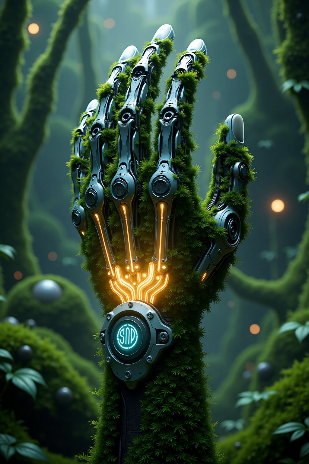 Ultra High Resolution digital art of a robotic hand with transparent skin showing LED veins,  covered in tiny moss patches...