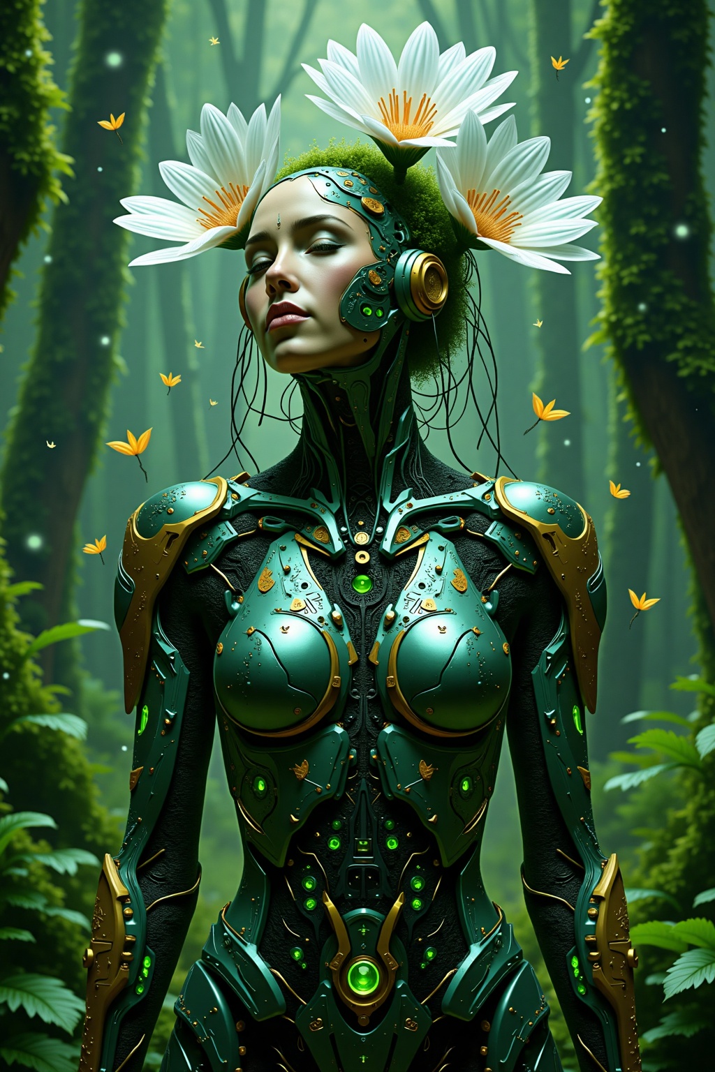 A serene woman with delicate circuitry lining her face,  standing in a lush forest. Her armor glows with green and gold ac...