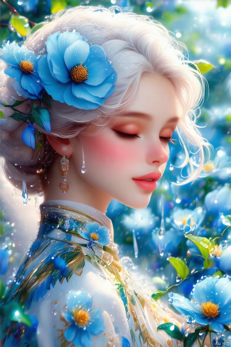 A serene fantasy scene featuring a girl with ethereal white hair,adorned in delicate blue flowers and surrounded by sparkling water droplets.,