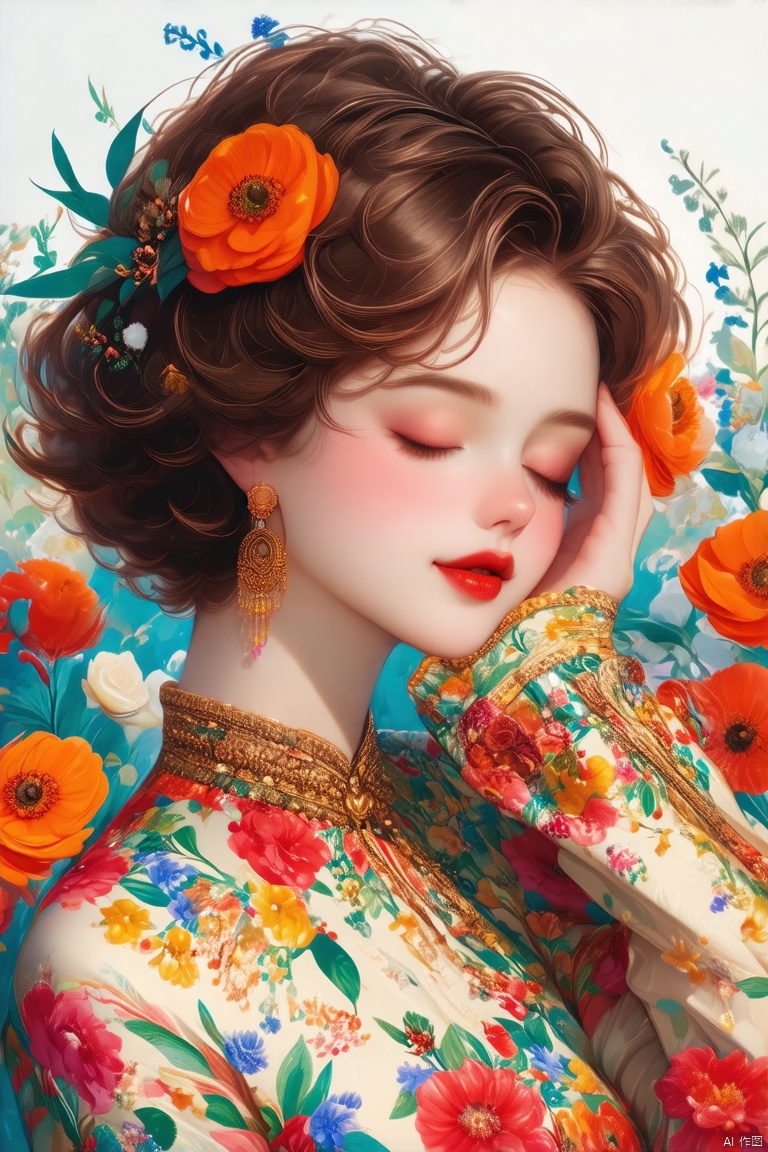 1girl, solo, blush, short hair, brown hair, hair ornament, long sleeves, jewelry, closed mouth, closed eyes, upper body, flower, earrings, hand up, hair flower, lips, makeup, floral print, hand on own face, hand on own cheek, red lips, orange flower