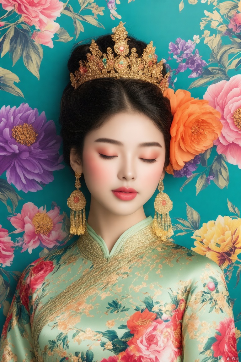 a medium-sized portrait of a Asian woman, adorned with a crown and earrings. Her hair is styled in a bun, and her eyes are closed. The woman's hair is adorned with an orange flower, adding a pop of color to the scene. The background is a teal blue, with a pattern of flowers in various shades of pink, purple, and yellow. The dress she is wearing is a light green, with gold accents, and the dress is adorned in a floral pattern.