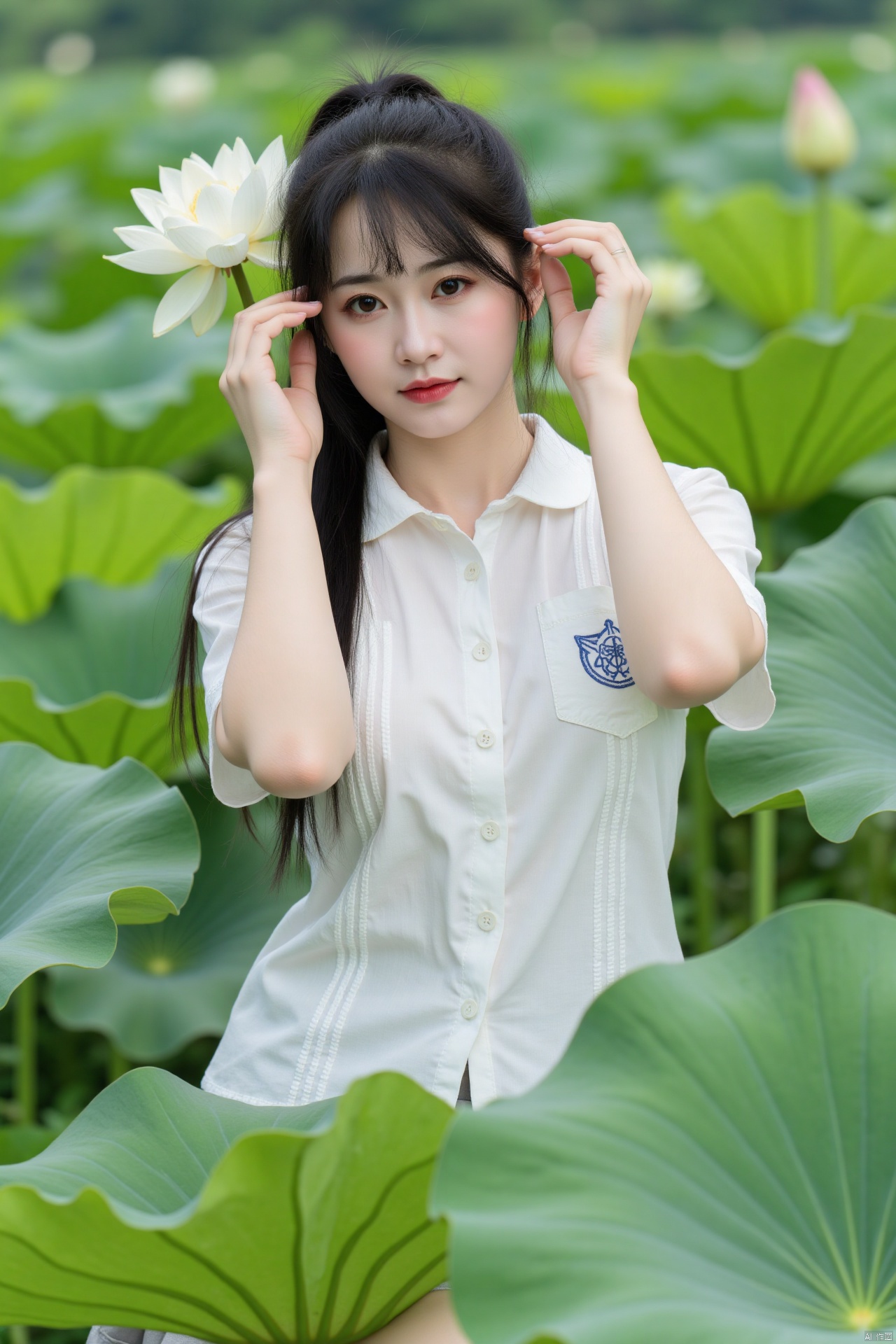 masterpiece,(best quality),official art, (1girl), (solo), ((looking_at_viewer)),(huge breasts:2.39),(full breasts:1.99),Xzhaoliner,(Lotus pond, lotus:1.52)
,Xyunxi,XyunxiX,XshengcaierX,Xzhukeer,Xdacishuwang,Xhehuahanfu,Xxiaofu
