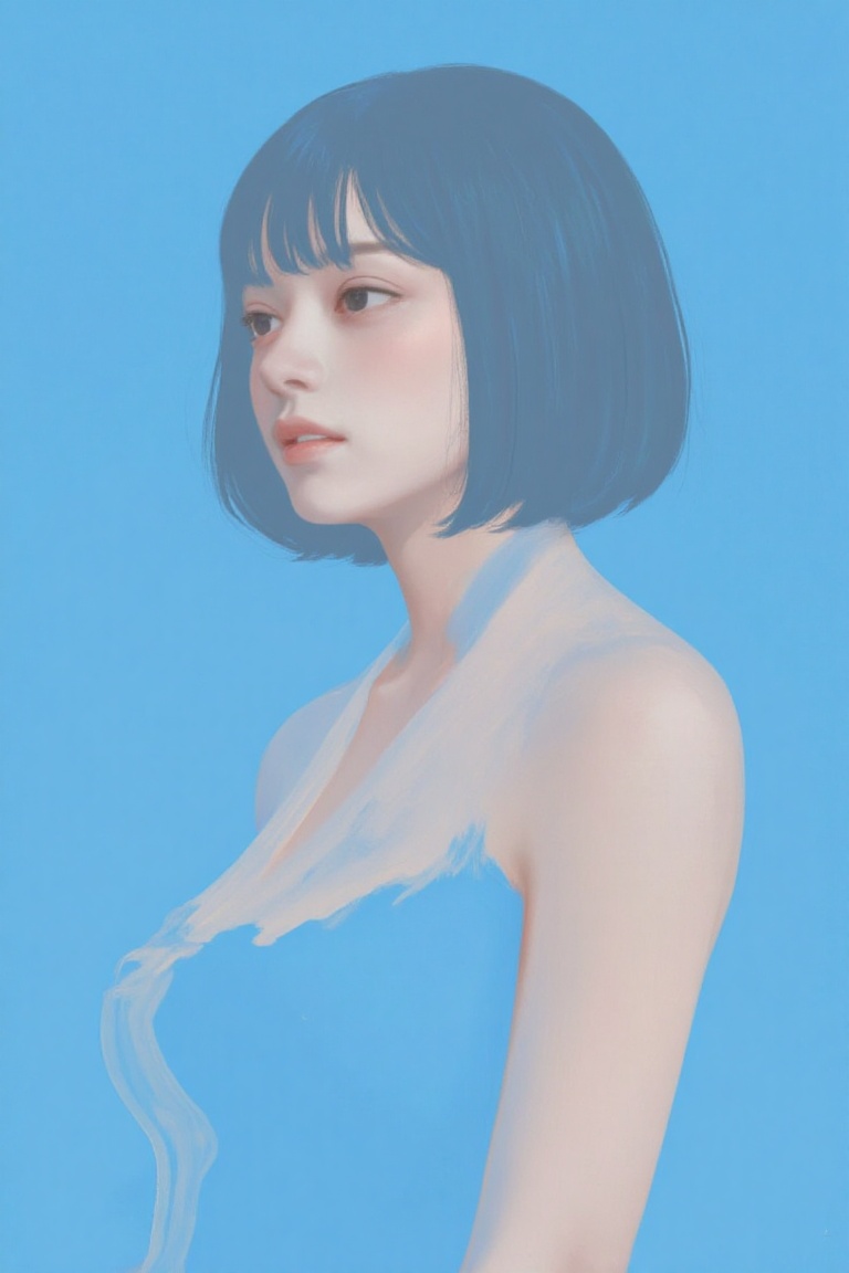 negativespace of a woman in a blue halter top,  her shoulders merging into a sky-blue background for a fluid,  artistic ef...