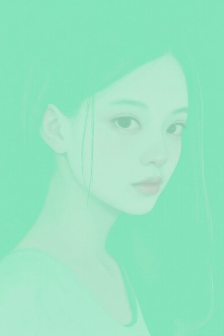 negativespace,  portrait of a woman wearing a sleeveless green blouse,  her silhouette blending into a soft mint-colored b...