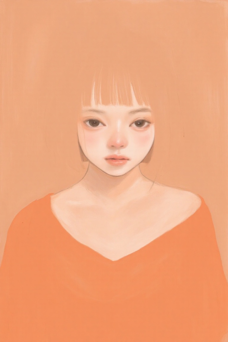 negativespace woman in an orange V-neck blouse,  her shoulders fading gently into a warm,  peach-colored background. on Te...
