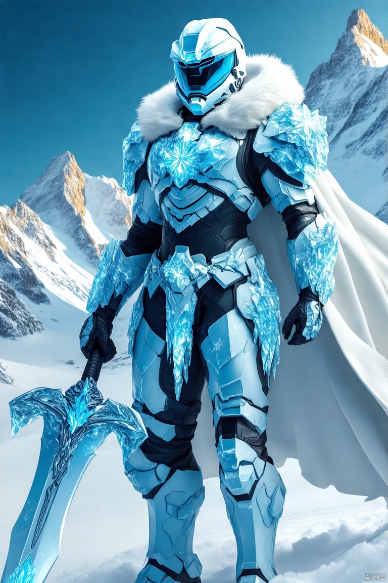 On the slopes of the snow capped mountains, the female paladin is the guardian of resisting elements She was wearing ice blue armor, adorned with icicles and snowflakes, shining brightly in the cold light A thick white fur cloak draped over her shoulders, providing warmth in the cold The giant sword in her hand is embedded with ice crystals, and her presence exudes strength and resilience against the harsh cold