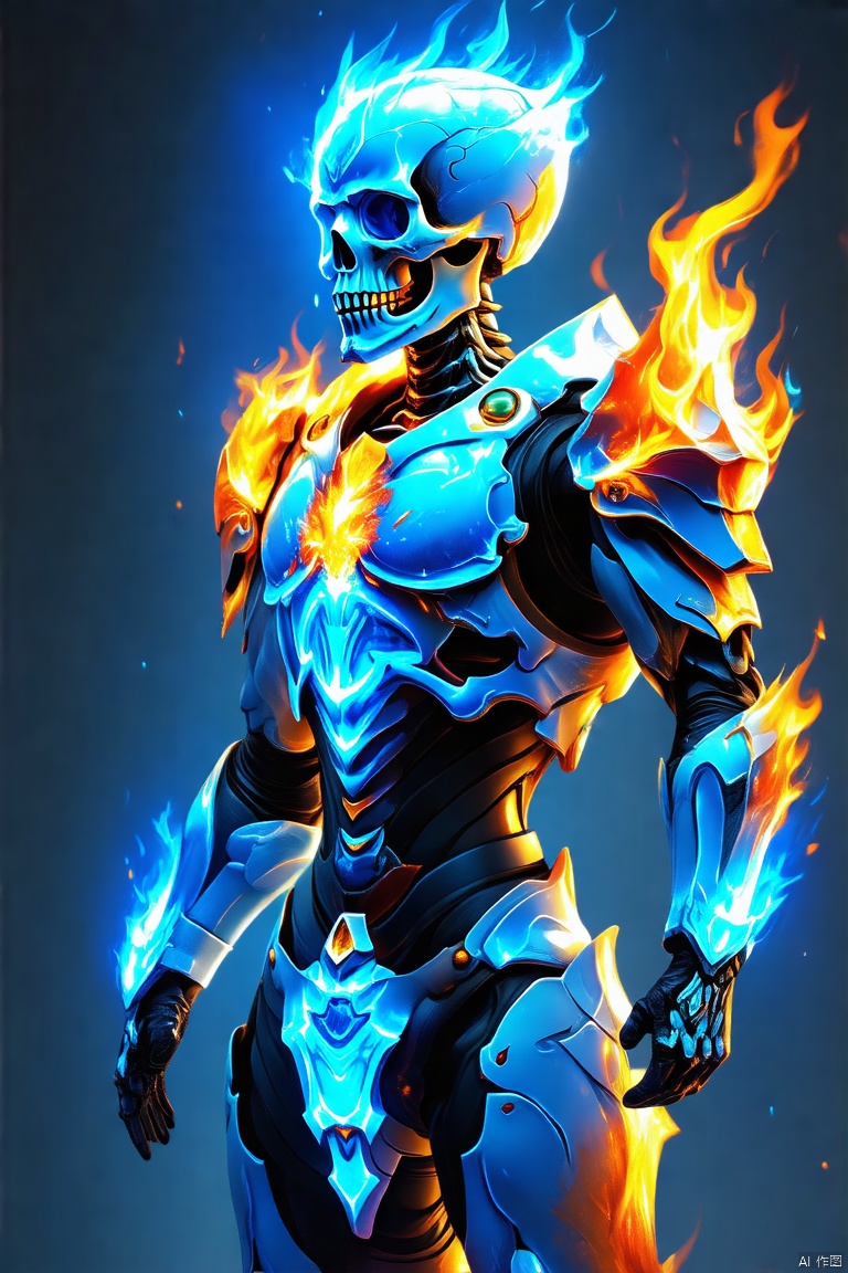 (orthofacial),blue, Armor,Skeletons, wizards,The whole body,flame, burning,sparks,light particles,yinghuo,Colorful flames