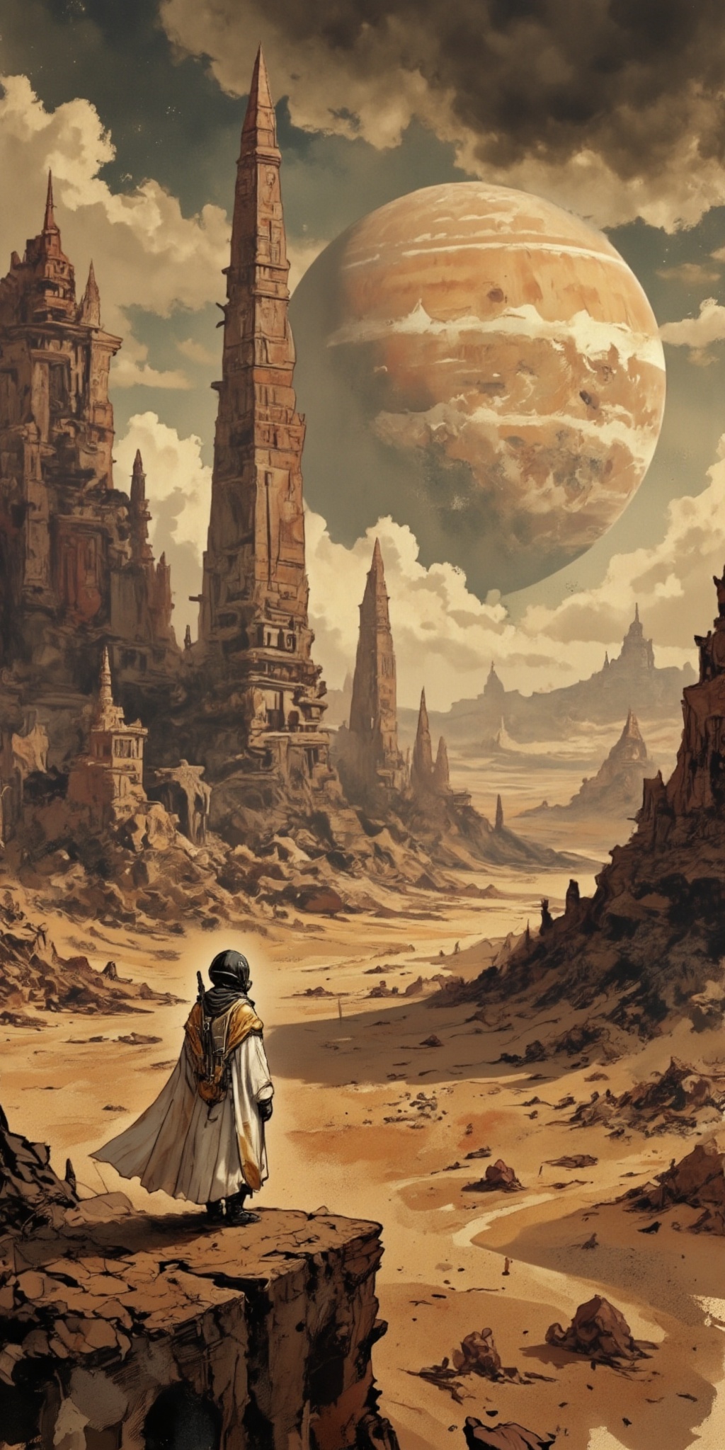Expansive alien desert with towering obelisks,  a lone traveler in a flowing white and gold cloak with a breathing suit ga...
