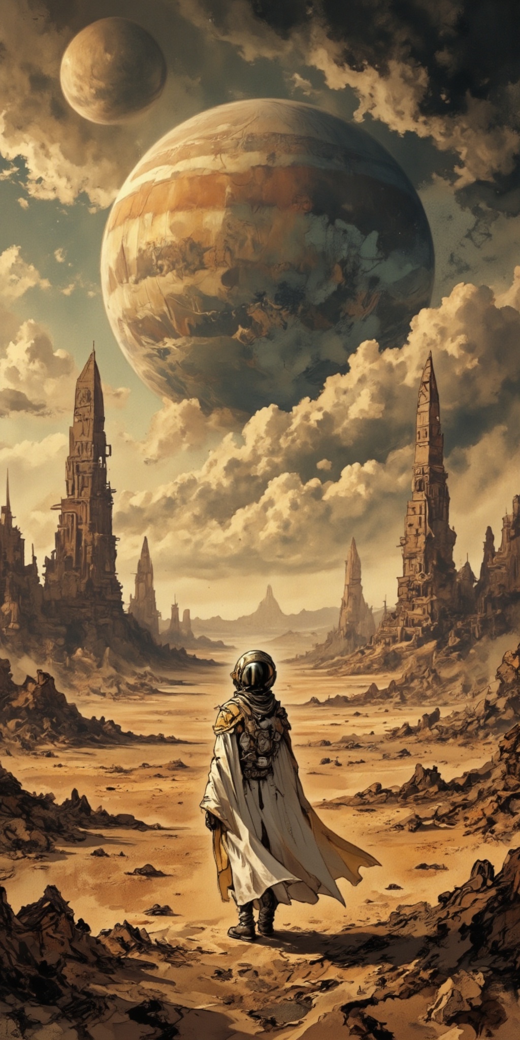 Expansive alien desert with towering obelisks,  a lone traveler in a flowing white and gold cloak with a breathing suit ga...