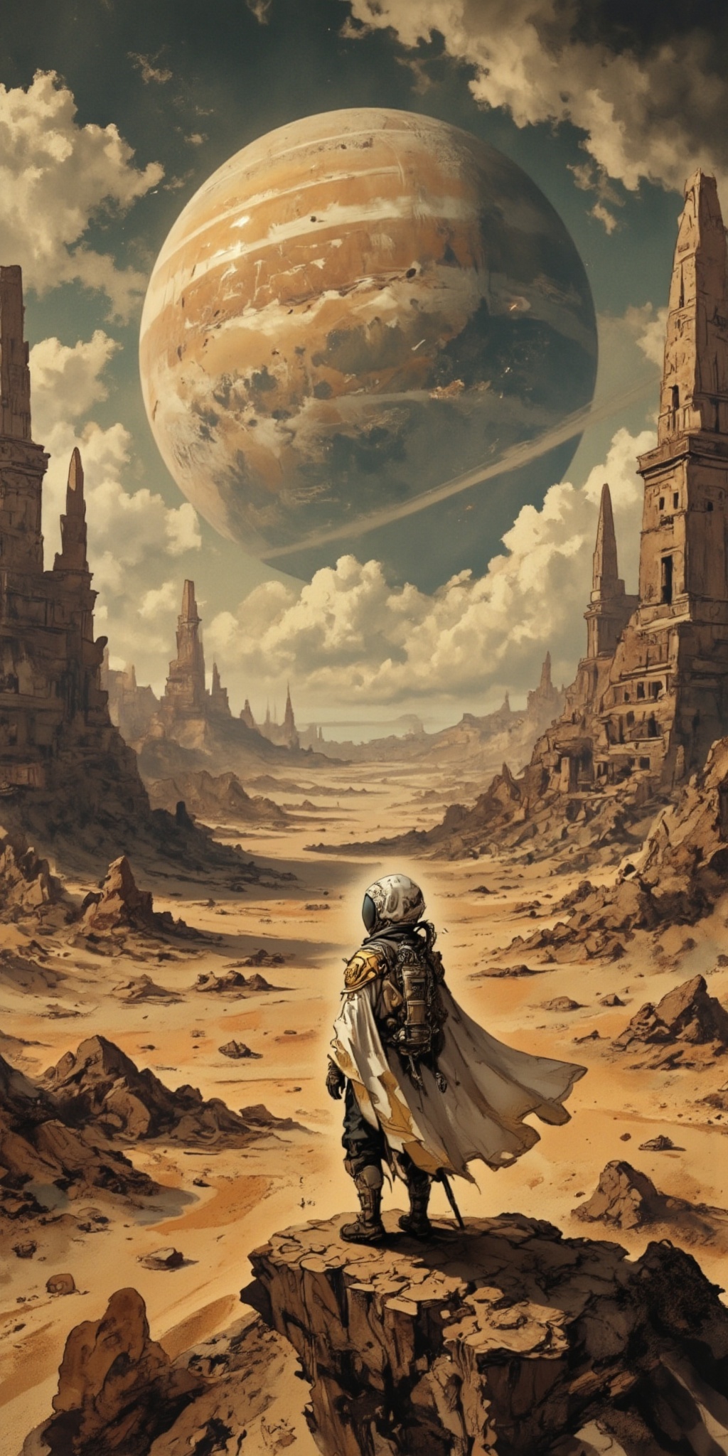 Expansive alien desert with towering obelisks,  a lone traveler in a flowing white and gold cloak with a breathing suit ga...