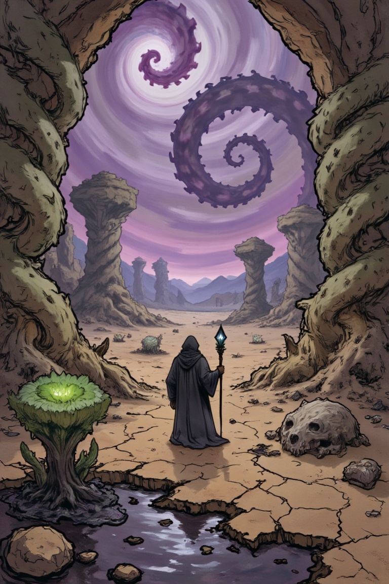 Beneath a sky of swirling,  unnatural purples and greens,  a vast on Tensor.Art
