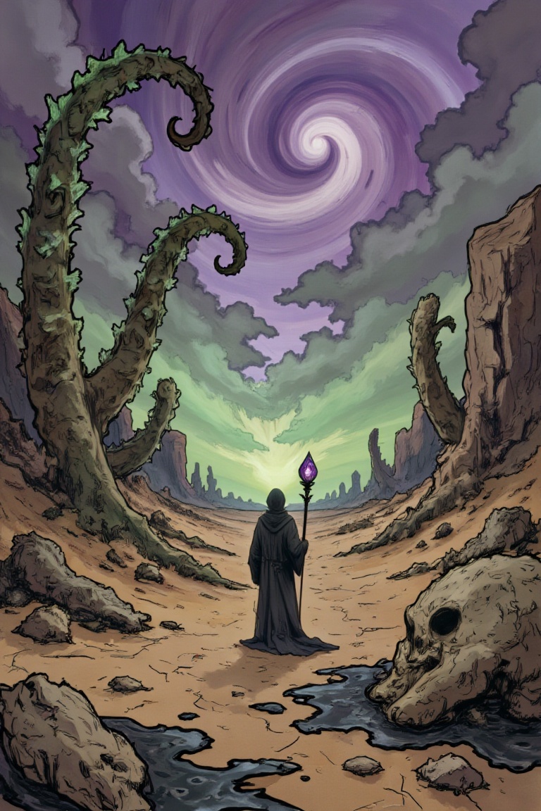Beneath a sky of swirling,  unnatural purples and greens,  a vast on Tensor.Art