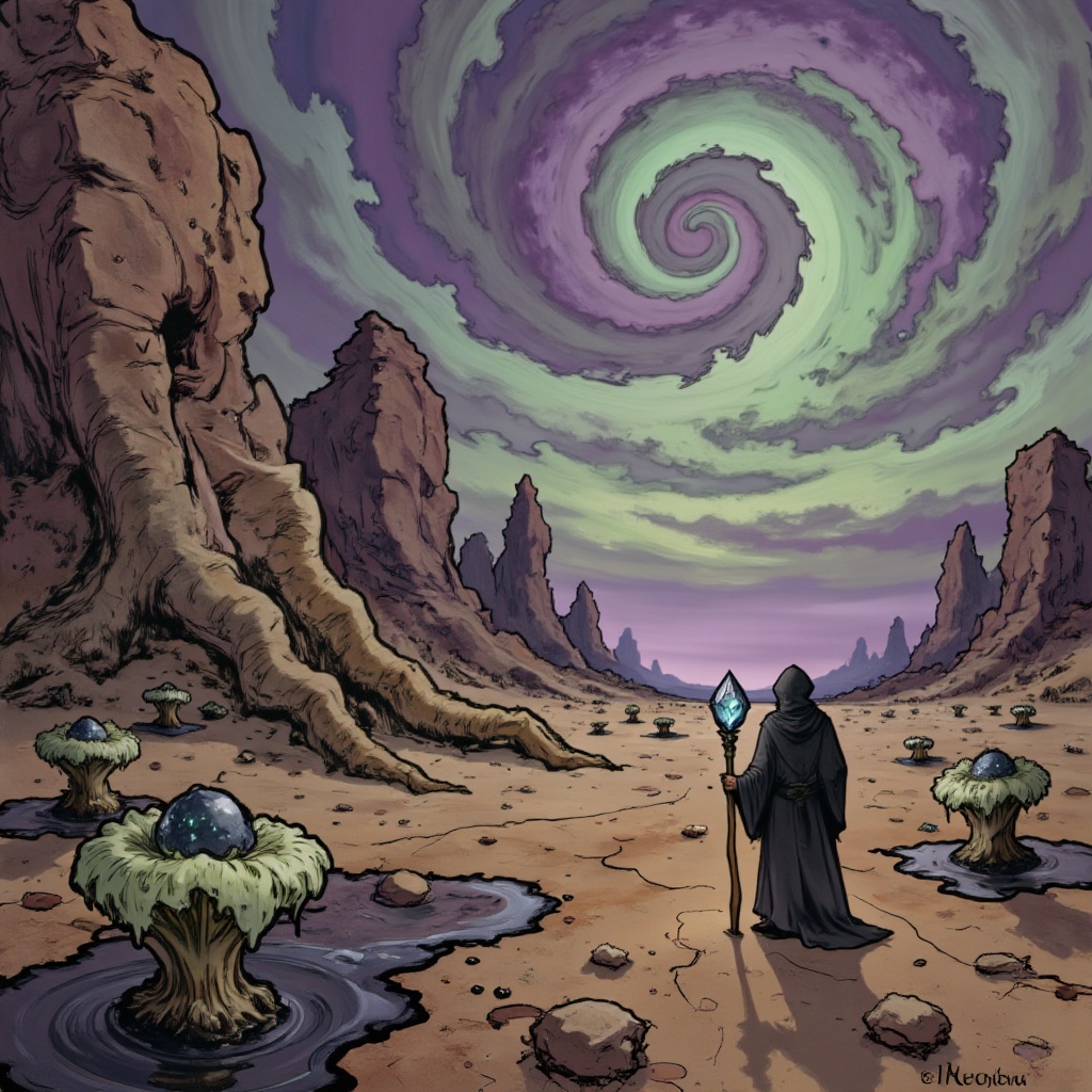Beneath a sky of swirling,  unnatural purples and greens,  a vast on Tensor.Art