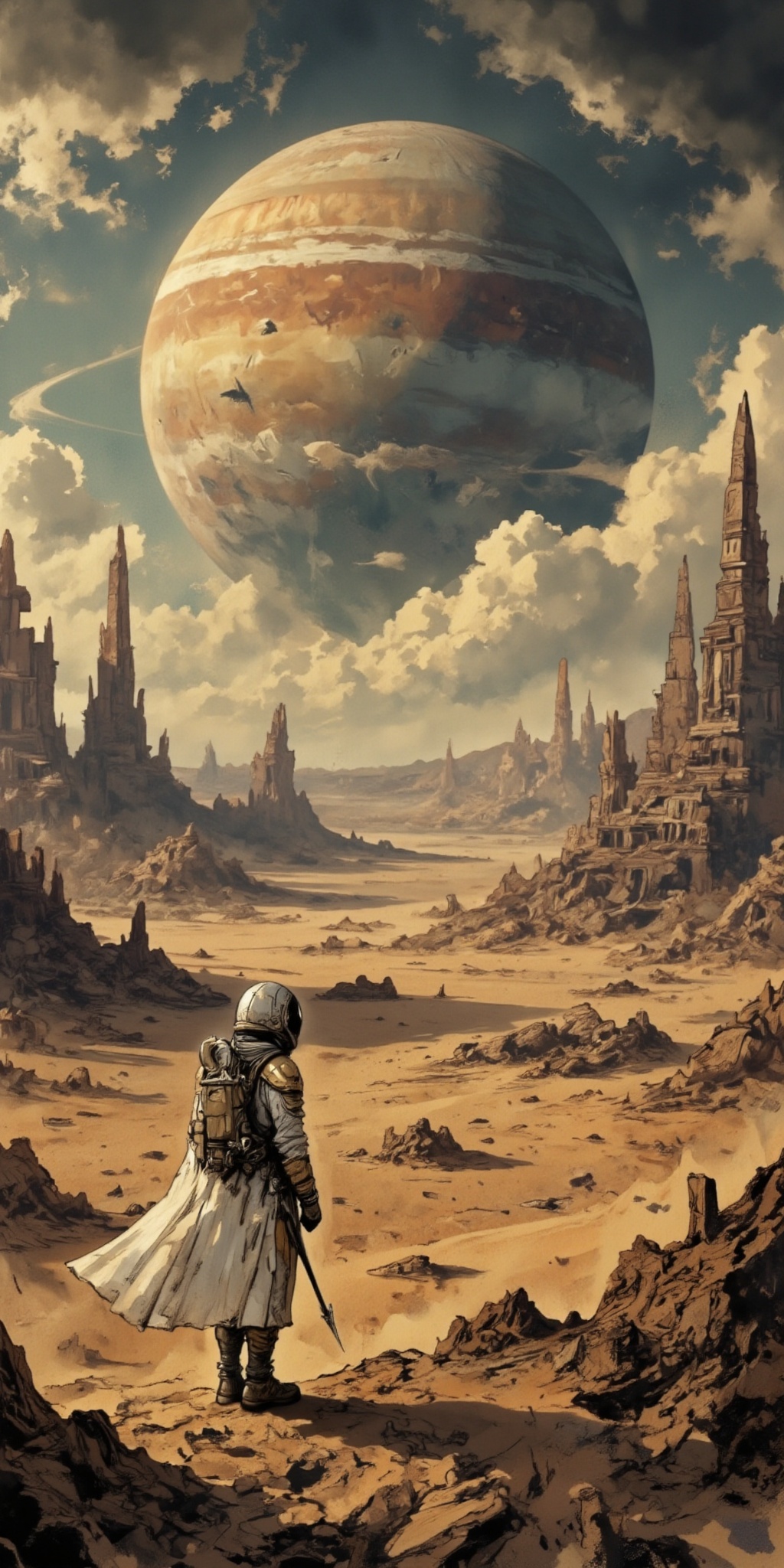 Expansive alien desert with towering obelisks,  a lone traveler in a flowing white and gold cloak with a breathing suit ga...