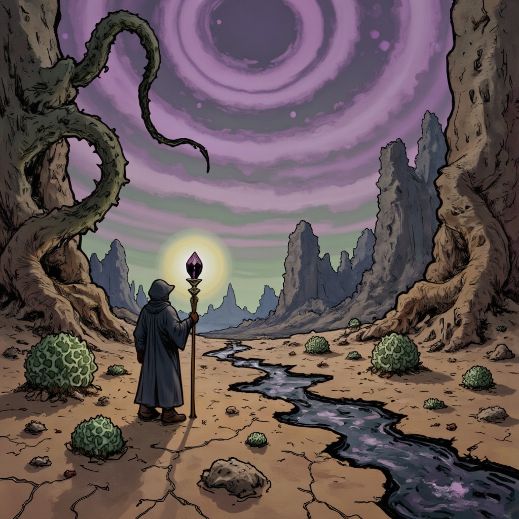 Beneath a sky of swirling,  unnatural purples and greens,  a vast on Tensor.Art