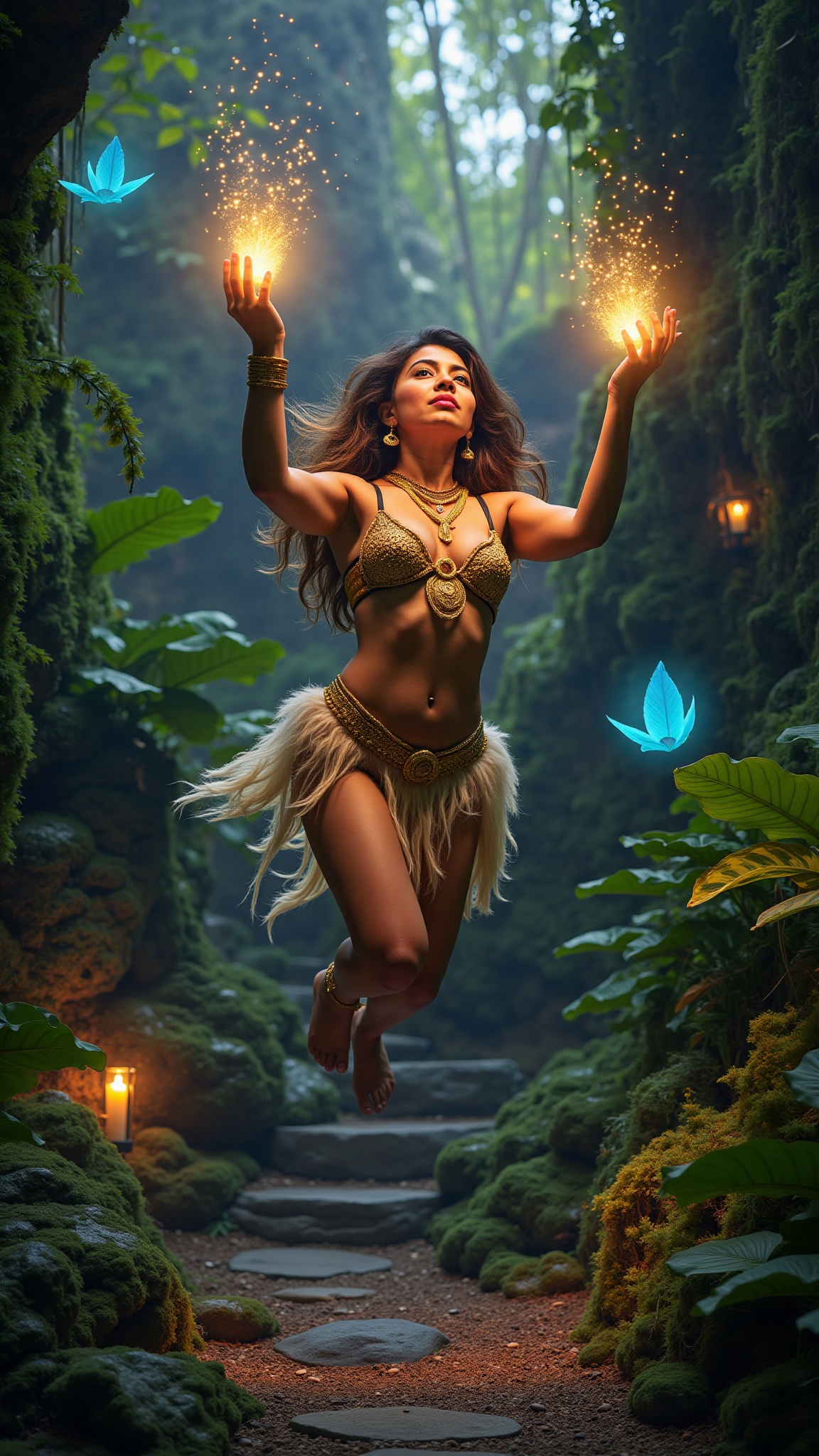 prompt 4 a powerful enchantress in a radiant gold bikini adorned with feathers and jewels,  casting a glowing spell with b...
