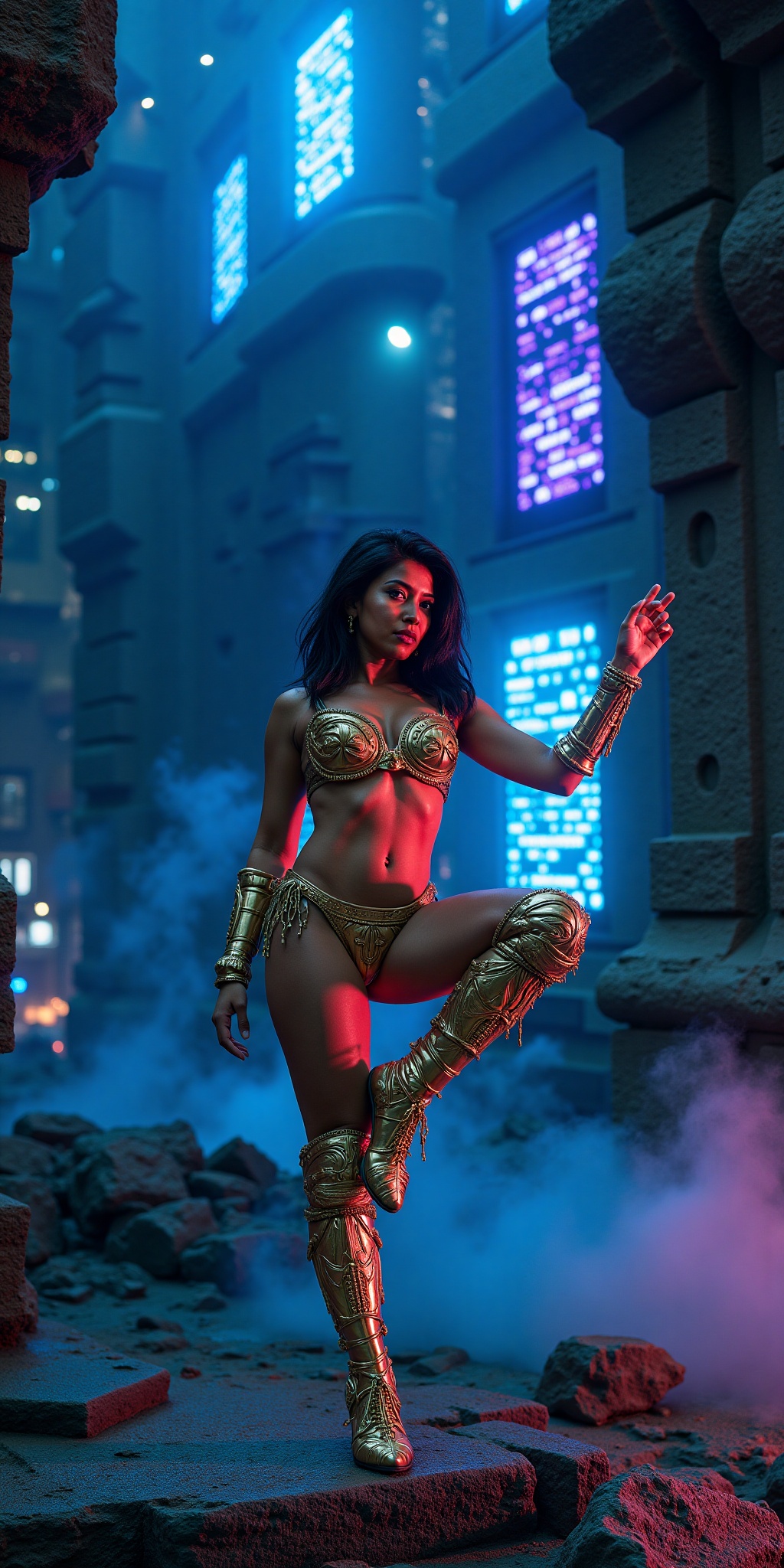a futuristic warrior goddess in an ornate,  reflective metal gold bikini,  standing with one leg raised on a ruined steel...