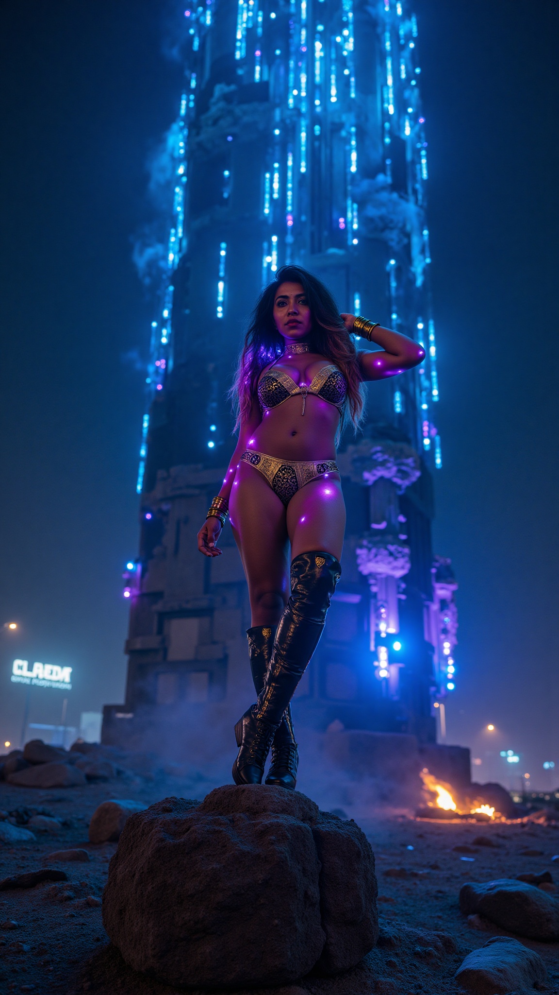 prompt 2 a futuristic warrior goddess in an ornate,  reflective gold bikini,  standing with one leg raised on a ruined ste...